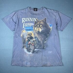 Vintage 1989 3D Emblem Harley Davidson Runnin Free Wolf Biker T-Shirt Mens L USA